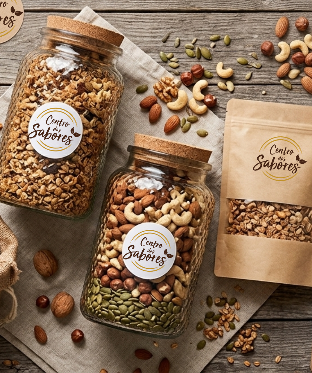 frascos de vidro fechados com frutos secos e sementes